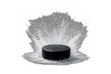 Hockey puck hitting ice with splash, active winter sport game playing with motion, transparent background
