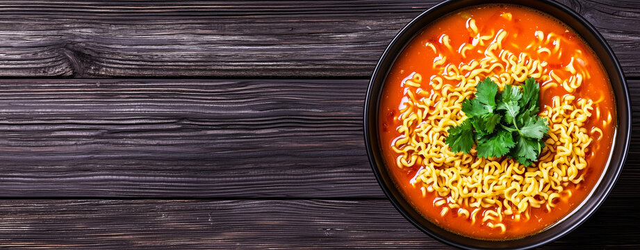Comforting bowl of vegetarian instant noodles in rich tomato broth, garnished with fresh cilantro, evokes warmth and satisfaction