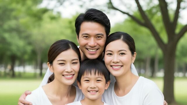 Happy Asian family of four smiling and hugging outdoors in a park setting Keywords: family, asian, parents, child, son, mother, father, happiness, smiling, hugging, love, togetherness, portrait