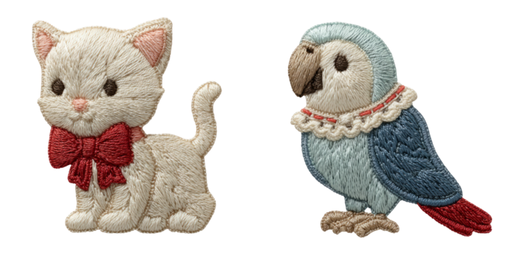 Cute Embroidered Cat and Parrot Characters with Colorful Details on Transparent Background