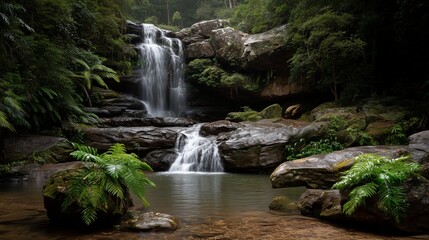 Fototapeta premium Cascade of Tranquility: A breathtaking view of cascading waterfall that plunges gracefully into a serene pool, surrounded by verdant foliage.