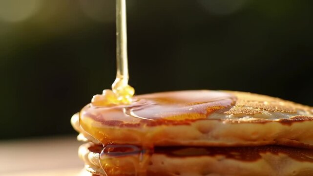 Golden syrup pouring on stack of freshly made pancakes against sunlight