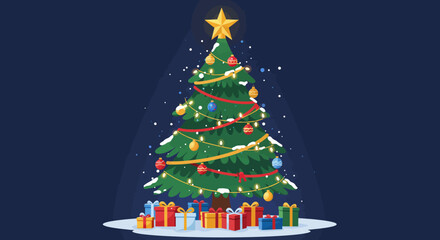 Vector Illustration Christmas Tree with Gifts in Modern Flat Style Featuring Ornaments and Star in Green Red and Gold Colors