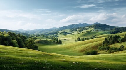 Rolling Hills of Serenity: A panoramic view of rolling green hills under a vast, bright sky, portraying the tranquil beauty of nature and the open air.