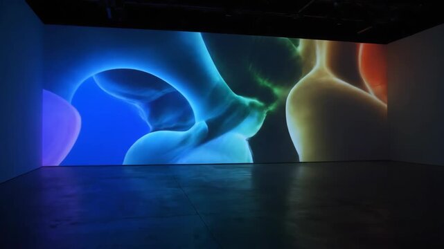 Abstract organic shapes on a blue screen in a darkened space.