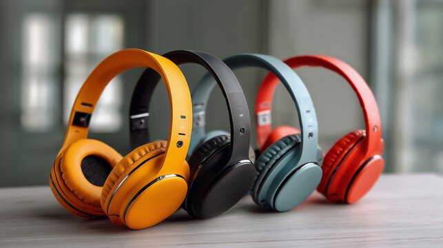 Harmonious soundscapes: A vivid arrangement of wireless headphones, presenting a spectrum of colours on a neutral surface, ready to transport the listener into a world of audio excellence.