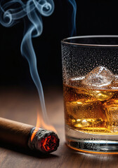 Elegant whiskey on the rocks with a smoldering cigar for sophisticated relaxation and luxury lifestyle visuals