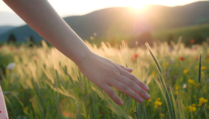 Close-Up of a Woman's Hand Touching Golden Wheat and Wildflowers in a Sunlit Field at Sunset