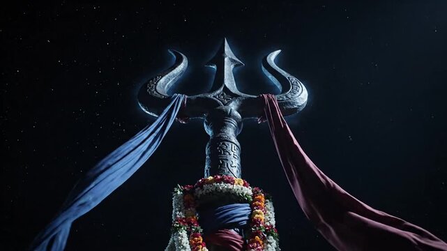 sacred trishul symbol lord shiva adorned with flowers