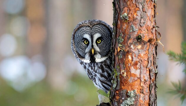 Gray owl near tree trunk in winter