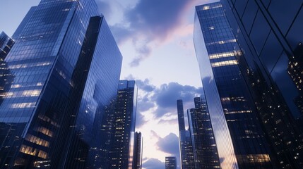 Fototapeta premium 18.A dramatic shot of New York Cityâ€™s skyline at twilight, with glass skyscrapers illuminated by city lights, and soft clouds partially covering the deep blue sky.
