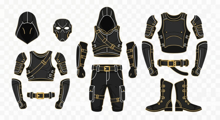 Naklejka premium Illustration of a black costume with gold accents, including a hood, mask, and armor pieces.