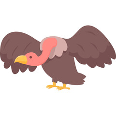 Cartoon Vulture Bird With Pink Neck and Yellow Beak Standing With Wings Spread on Transparent Background Flat Illustration Style