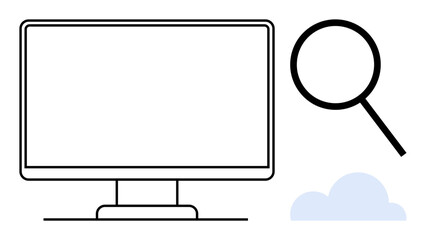 Desktop monitor, magnifying glass, and cloud graphics symbolizing online research, cloud search, web analysis, data exploration, digital tools, SEO strategy innovation. Simple flat metaphor