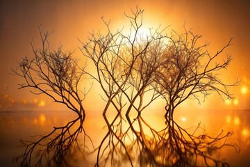 Obraz premium Golden Hour Silhouette of Leafless Trees Mirrored in Calm Water at Sunset