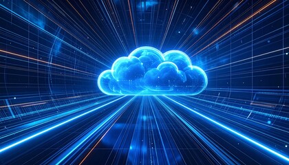 Experience seamless digital transformation with a vibrant, glowing cloud computing concept soaring through futuristic data streams.