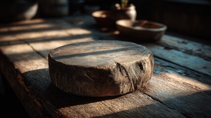 Obraz premium A traditional frame drum, weathered and worn, rests peacefully on a rustic wooden surface, illuminated by gentle light, inviting reflection and musical creativity.