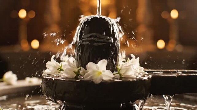 sacred water flowing on shiva lingam with flowers