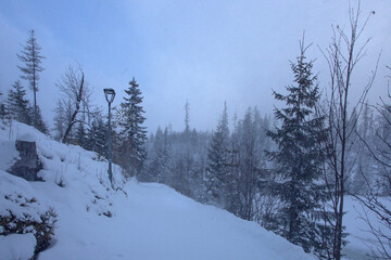 Strbske Pleso winter lake tourist attraction in High Tatras, Slovakia