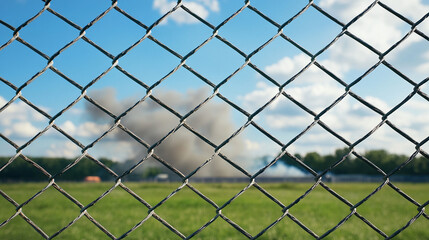 Fototapeta premium smoke rising behind a chain-link fence, creating a dramatic and moody atmosphere. Ideal for industrial, urban, security, danger, or abstract concept imagery.