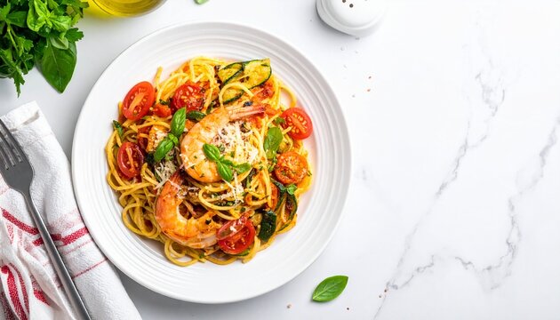 Plate of italian pasta. prawn, tomato and courgette, or zucchini, spaghetti. Top view, white marble table.