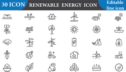 A comprehensive collection of renewable energy icons, perfect for illustrating eco-friendly solutions and sustainable practices. Isolated on white background for easy integration.