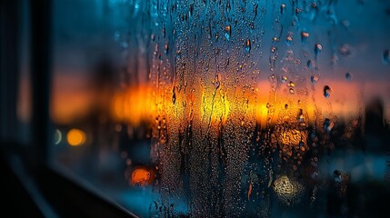 Raindrops on glass create a bokeh effect with a colorful twilight city glow