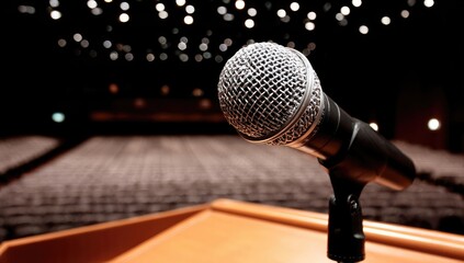 Microphone on a stand in front of an empty auditorium.
