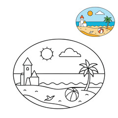 Naklejka premium A fun summer beach coloring page featuring sunny skies, ocean waves, sandcastles, seashells, and kids playing—perfect for capturing the joy of seaside adventures. 