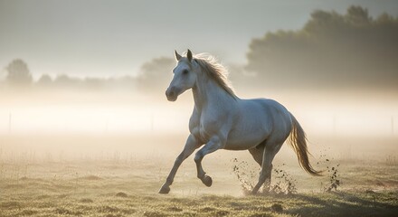 White horse running field animal mammal equestrian nature equine beauty landscape morning fog wildlife