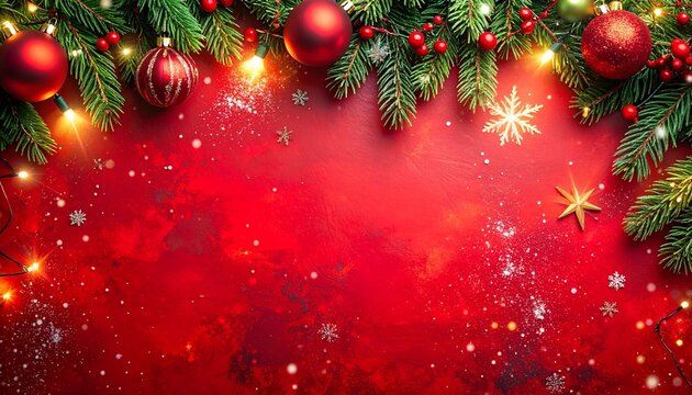 A festive Christmas background with vibrant red and green colors, featuring softly