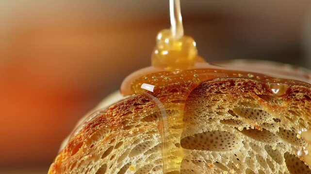 Honey drizzled over bread slice closeup culinary texture sunlight