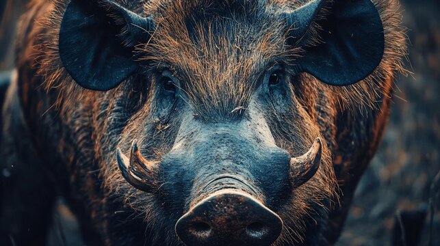 Closeup of wild boar with impressive tusks in a forest setting.