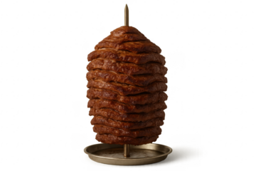 Doner kebab meat cooking on vertical rotisserie transparent background
