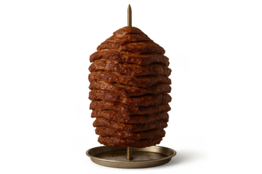 Doner kebab meat cooking on vertical rotisserie transparent background