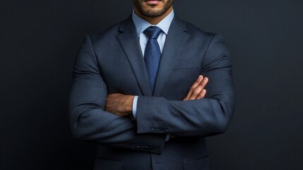 Confident Businessman in Suit with Crossed Arms on Dark Background.