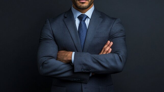 Confident Businessman in Suit with Crossed Arms on Dark Background.