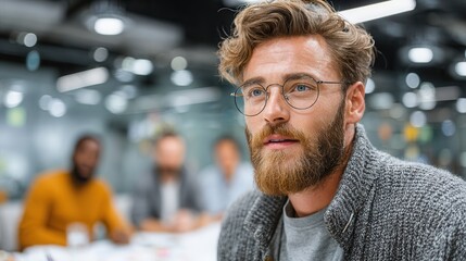 Fototapeta premium Young professional with glasses confidently presents ideas to a group in a modern office setting, foste collaboration and innovation among the team members involved.