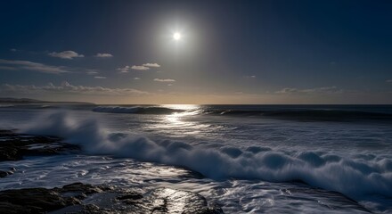 Fototapeta premium Ocean waves crashing seascape water horizon sunlight nature sea sky scenic travel landscape view coast
