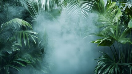 Naklejka premium 56.A panoramic view of tropical leaves placed under a transparent glass surface, with soft fog gently rolling over the scene, creating an ethereal atmosphere and a sense of mystery.