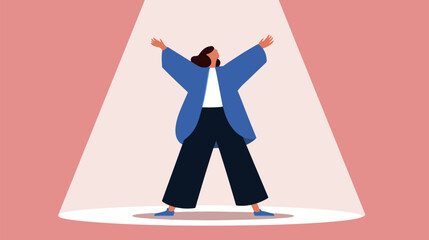 Person with arms raised standing in spotlight