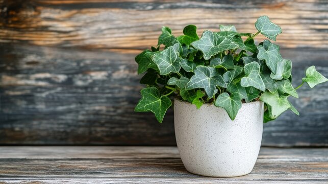 2.A small English Ivy plant growing in a clean white cement pot, resting on a rustic wooden surface. The plantâ€™s trailing vines and vibrant green leaves create a fresh, calming vibe against the warm