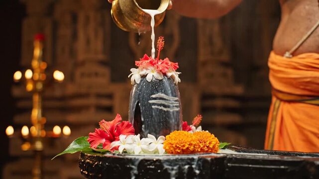 hindu priest performs milk abhishekam on shiva lingam
