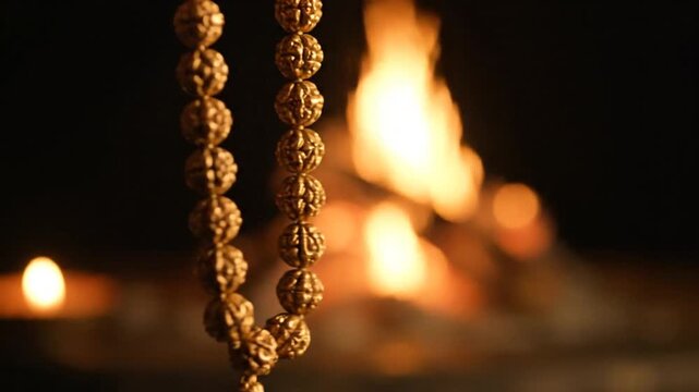 sacred golden rudraksha mala beads with fire light