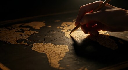 Charting the Course: A hand traces a path on an antique map, a pencil in hand. This image evokes the spirit of exploration, journey, and the pursuit of discovery.