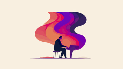 Pianist performing with artistic abstract waves background illustration