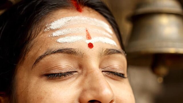 hindu woman receives sacred vibhuti and tilak on forehead