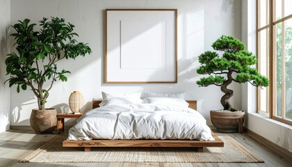 Fototapeta premium Zen Bedroom Interior with Plants and Natural Light Minimalist Design.