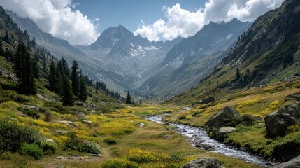 Serene Mountain Valley with Flowing Stream and Colorful Wildflowers