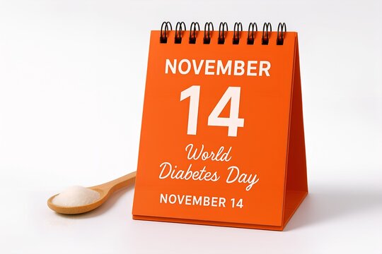 Orange calendar with 14 november date for world diabetes day isolated on white background - Powered by Adobe